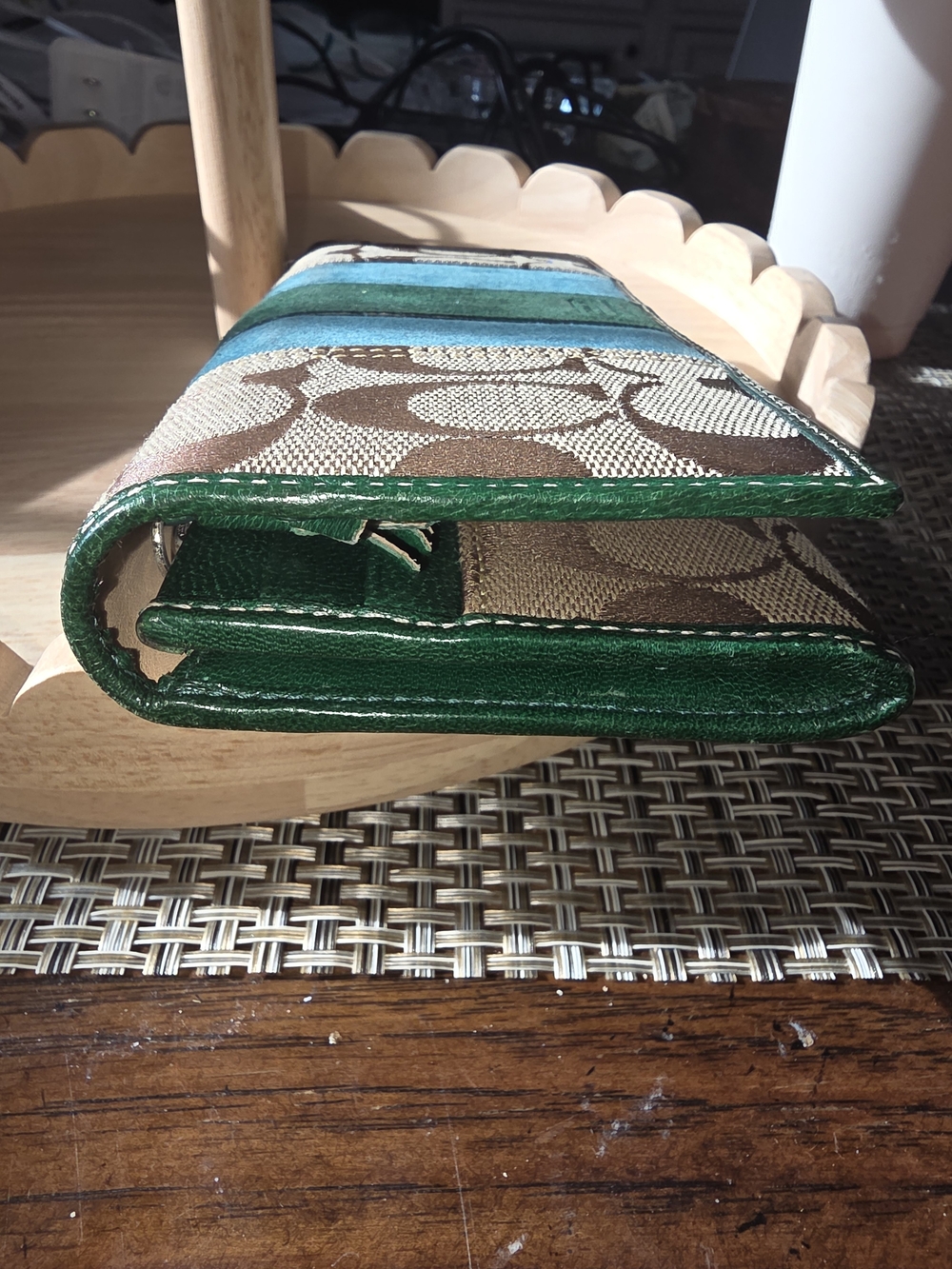 Coach Signature Canvas Bifold Long Wallet in Khaki with Teal & Green Suede - Picture 9 of 11